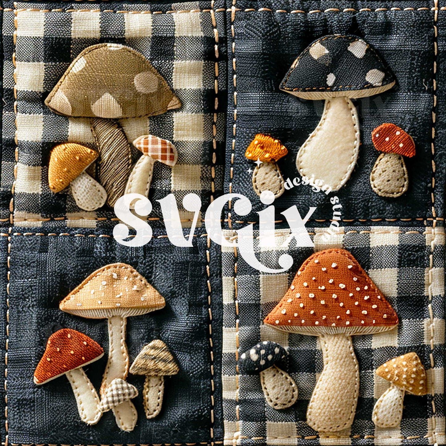 Mushies Patchwork Fall Seamless Pattern - Fall Seamless