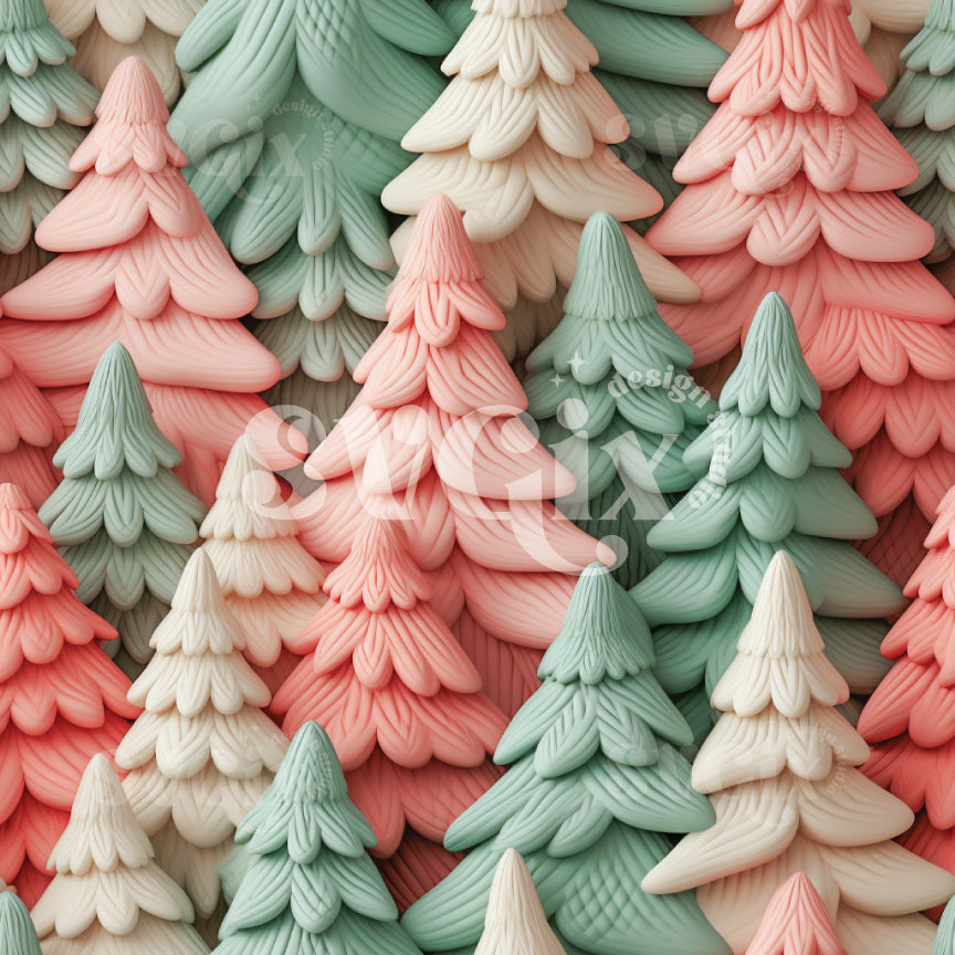 Muted Christmas 3D Trees Seamless Pattern