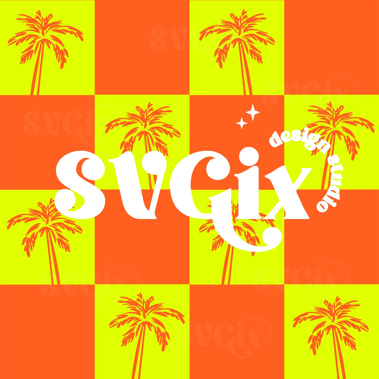 Coastal Neon Palm Checkers Seamless Pattern