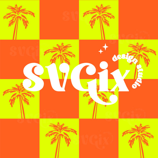 Coastal Neon Palm Checkers Seamless Pattern
