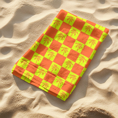 Coastal Neon Palm Checkers Seamless Pattern