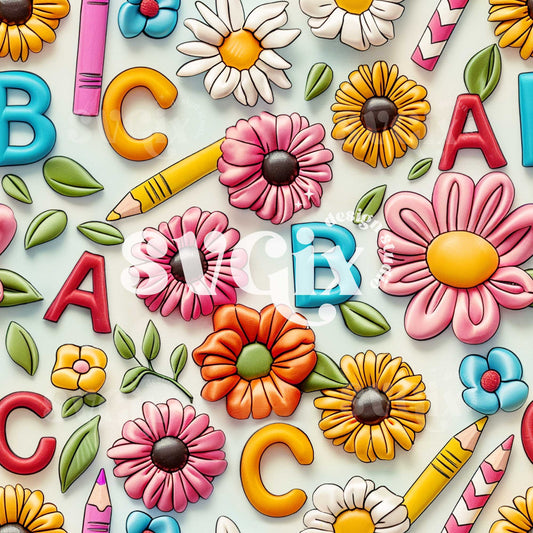 PETALS AND PENCILS Back to School Seamless Pattern