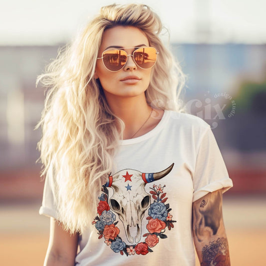 Patriotic Cow Skull Western Floral PNG Sublimation file