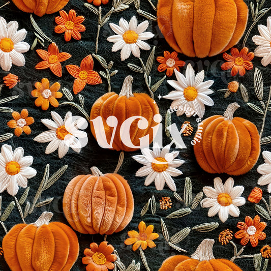 Plush Pumpkins and Daisy Stitches Seamless Pattern
