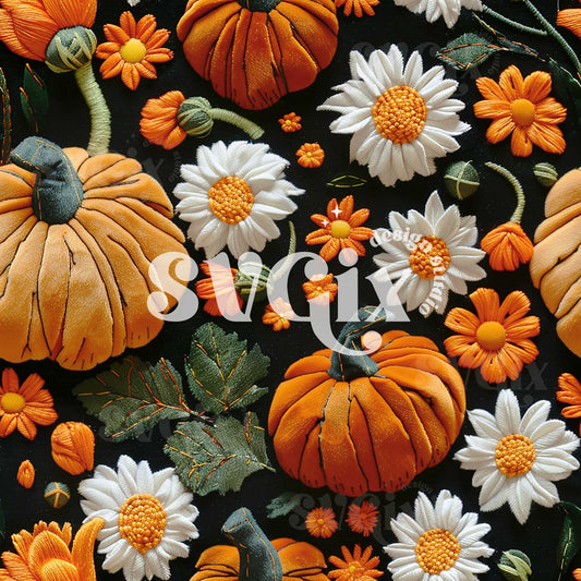 Pumpkin Daises on Black Seamless Pattern
