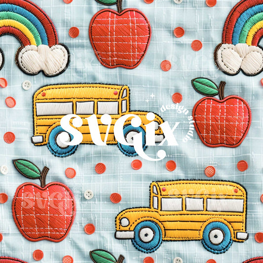 Retro Yellow Bus Embroidery Seamless Pattern