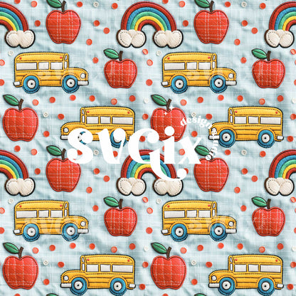 Retro Yellow Bus Embroidery Seamless Pattern