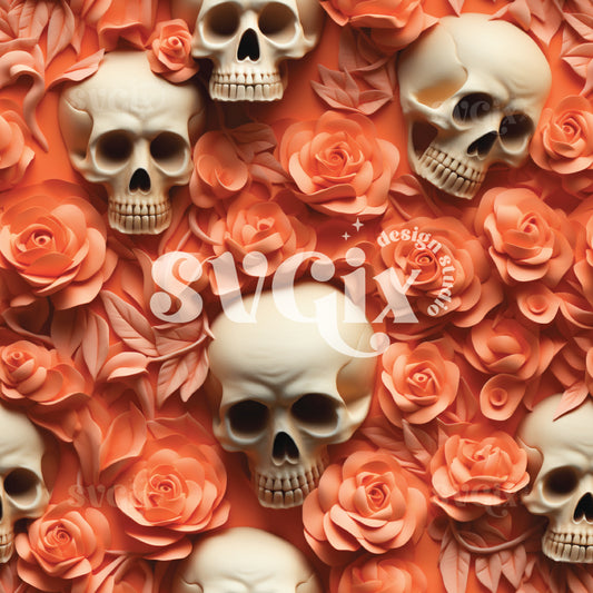Salmon Floral Skulls 3d Seamless Pattern