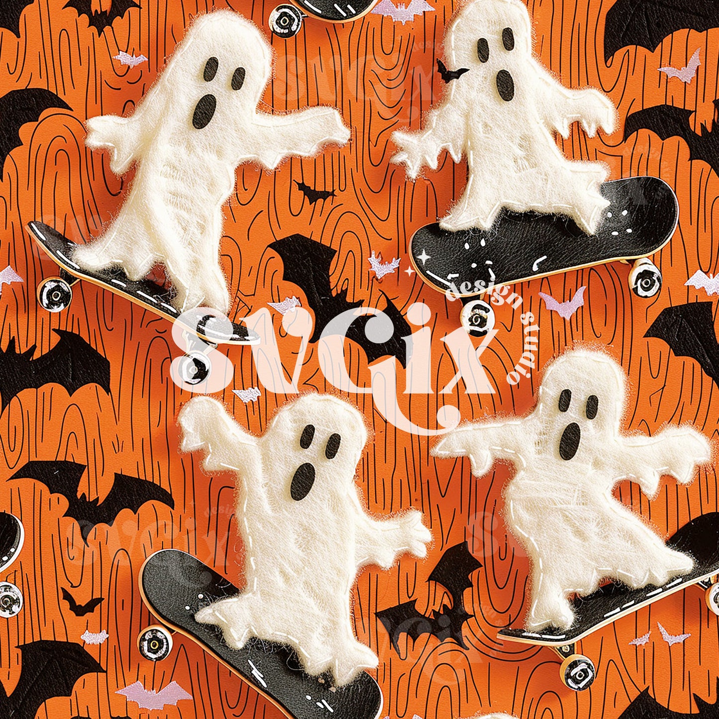 Skateboard Ghosts Embroidery Seamless Pattern