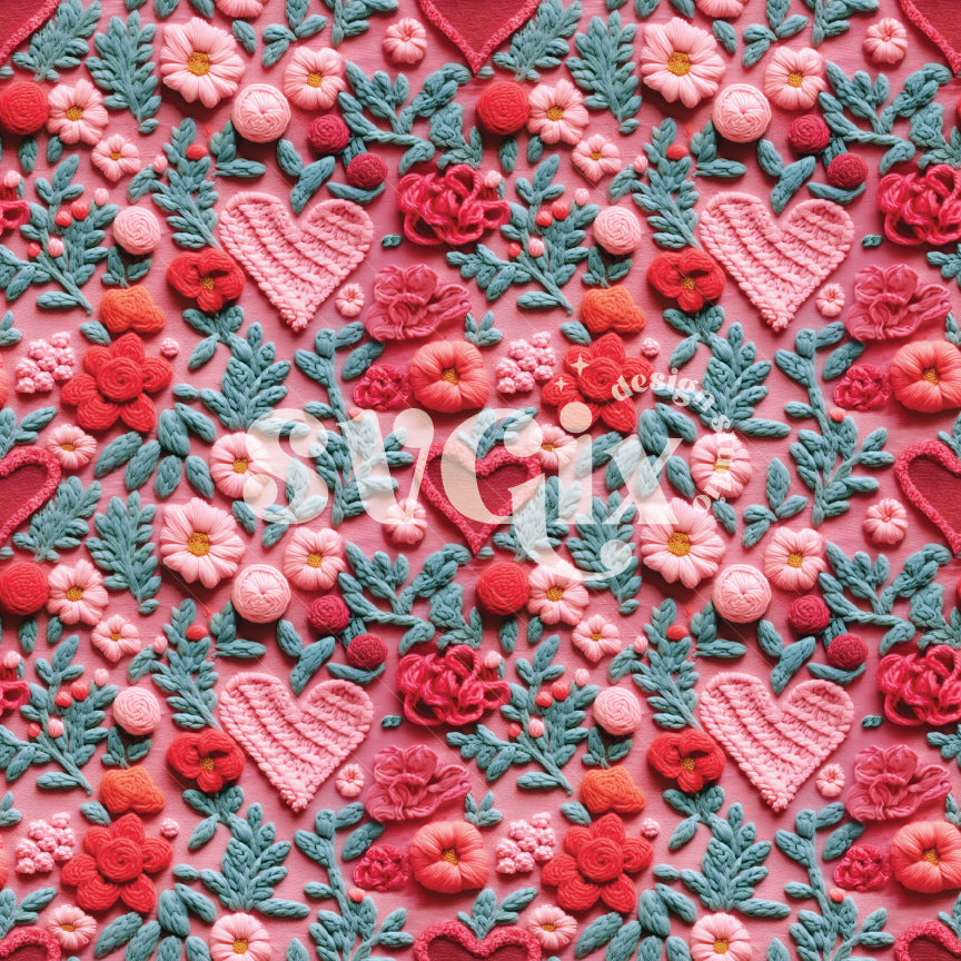 Valentines Floral Hearts Embroidery Seamless Pattern