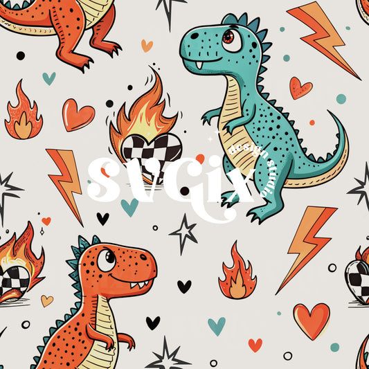 Vday Dinos and Burning Hearts Seamless Pattern