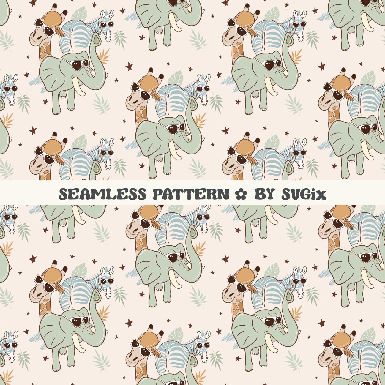 Boy Wild Safari Elefant Giraf Zebra 1st birthday One Seamless Pattern File for Fabric Sublimation & Commercial Use - SVGix