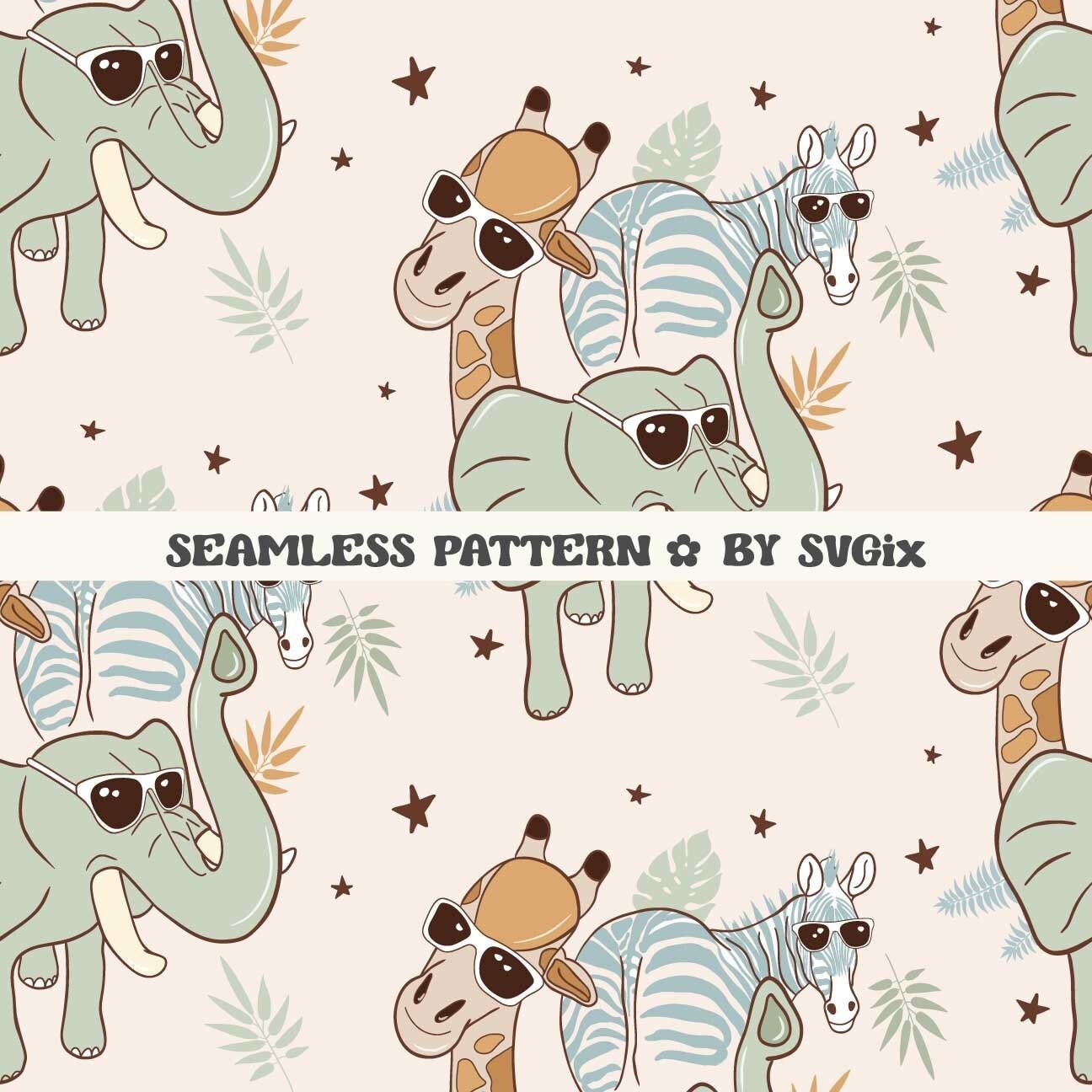 Boy Wild Safari Elefant Giraf Zebra 1st birthday One Seamless Pattern File for Fabric Sublimation & Commercial Use - SVGix